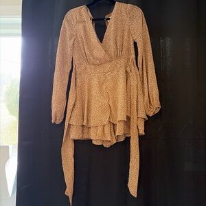 Women’s Brown Floral Wrap Long-Sleeve Mini Dress